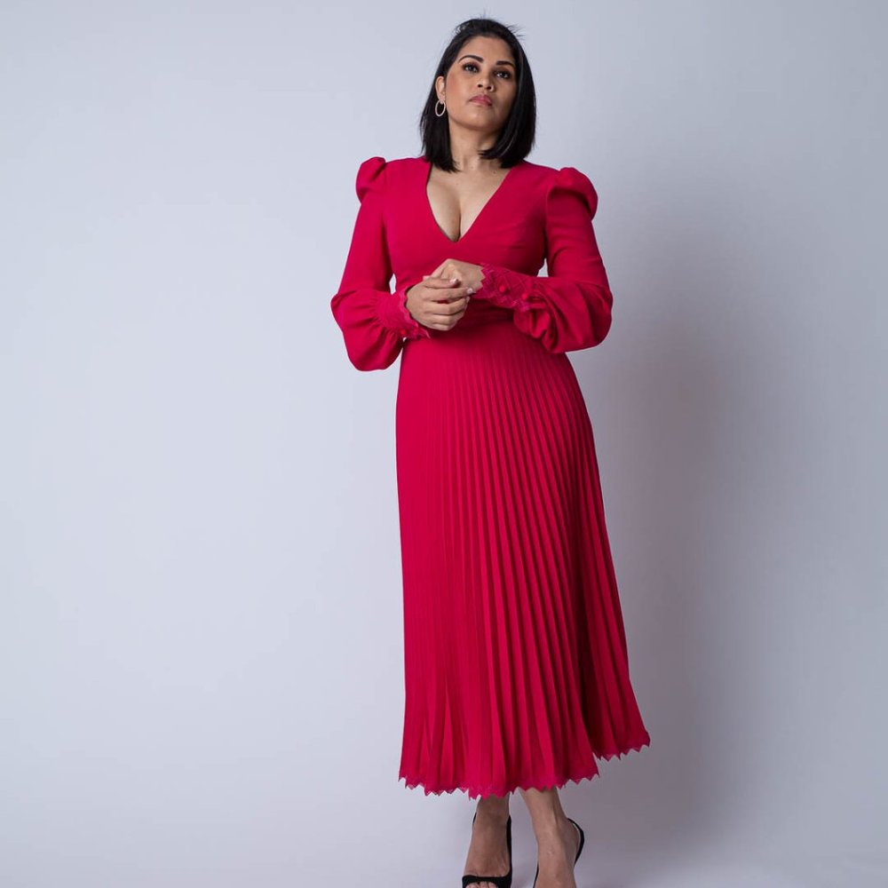 Peach Long Dress, pleated with plunging neckline